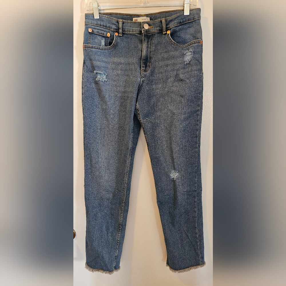 Levis Low Pro‎ Jeans Blue Mid Rise Relaxed Fit Distressed Stretch Girl's Size 16